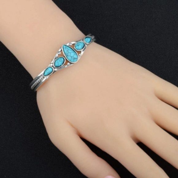 Dainty Turquoise Waterdrop Boho Cuff Bracelet - Picture 3 of 7